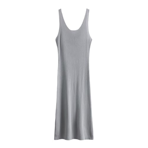 Langarm Kleid Sexy Damen Sommerkleid aus Strick, einfarbig, mit Schlitz und Hüfttasche A Linien Kleid Damen (Grey, One Size)