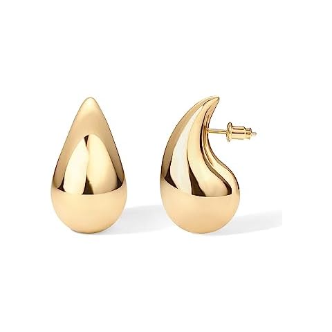 PAVOI 14K Gold Plated 925 Sterling Silver Post Teardrop Chunky Hoop Earrings | Lightweight Drop Yellow Earrings for Women | 22mm Designer Dupe Earrings Cover