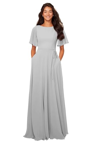 Image of petyoo Chiffon Flutter Sleeve Bridesmaid Dresses with Pockets Sash Long A Line Formal Dress