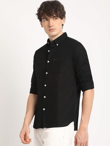 Image of The Bear House Men Black Solid Slim Fit Cotton Casual Shirt
