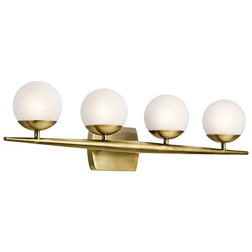 Review Kichler Jasper 32.25" 4 Light Halogen Vanity Light with Satin Etched Cased Opal Glass Natural Brass Review Kichler Jasper 32.25" 4 Light Halogen Vanity Light with Satin Etched Cased Opal Glass Natural Brass
