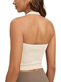 ODODOS Seamless Halter Crop Tops for Women Ribbed Soft V Neck Open Back Cropped Tank Top, 1-Pack, Ivory, Medium-Large