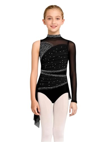 dPois Vestido De Patinaje Artístico para Niñas Vestido De Ballet De Manga Larga De Un Hombro Disfraz De Bailarina Ballet Negro 9-10 años