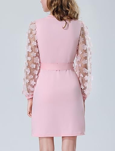 Mebius Girls Appliques Mesh Sleeve Dresses with Pockets Puff Sheer Long Sleeve Bodycon Belted Dress for Party 6-12Y3