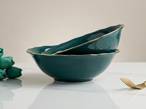 Image of Bodhi House 2-Piece Gold Rim Porcelain Serving Bowl Set | Lightweight, Chip Resistant, | Dishwasher Safe | Elegant Tableware for Home Dining, Parties, Serving & Gifting Use | Teal