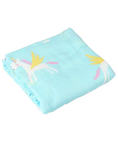 Image of Kassy Pop Printed 6 Layer Bamboo Muslin Blanket Cum Swaddling Towel for Baby, Toddlers | 70% Bamboo, 30% Cotton | AC Quilt, Multi-Purpose Blanket | Toxin Free | 110cm x 110cm (Bluw Unicorn Print)