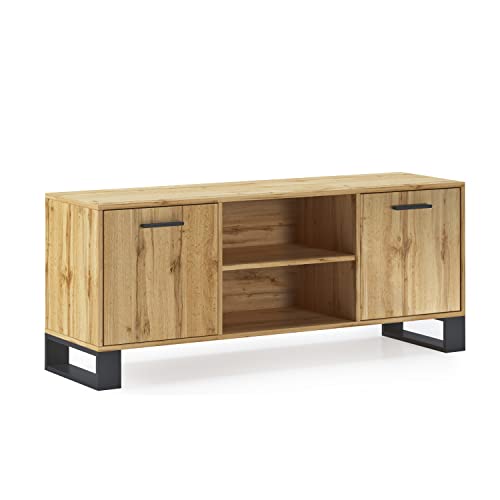 Skraut Home | Mueble de TV para Salón | 57 x 137 x 40 cm | Indicado para TV de 32/40/42/50/55/60" | Modelo Loft | Estructura Color Roble Rústico | Patas de Madera Negras Cover