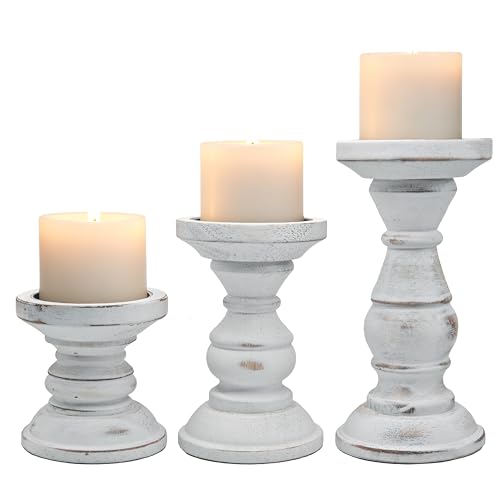 Wood Candle Holder for Pillar Candle Set of 3, Farmhouse Candle Holder Decor, Rustic Wooden Candle Stand, Vintage Tall Candle Stand Decorative for Living Room, Table Centerpiece,Rustic White