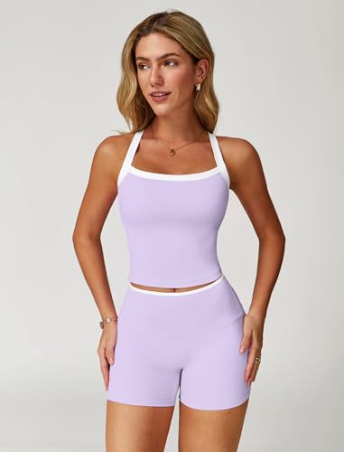Image of ABOCIW 2 Pieces Workout Sets for Women, Cross Back Tank Top Matching High Waist Biker Shorts, Gym Yoga Pilates Outfits