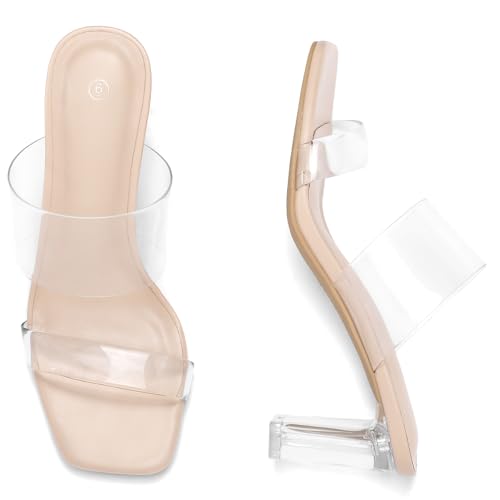 Image of mysoft Women's Clear Heels Square Toe Chunky Block Heel Sandals | 3 Inch Block Heel, Two Clear Straps, Slip On, Square Open Toe, Comfortable, Lightweight, Daily Walking, Party, Summer Dressy