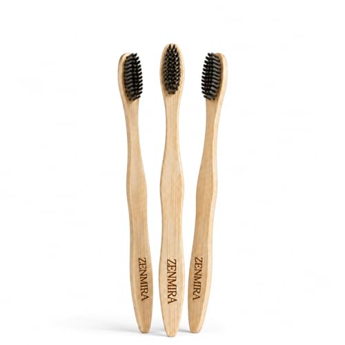 Image of ZENMIRA Bamboo Toothbrush with Activated Charcoal Soft Bristles for Adults, Eco-Friendly BPA-Free Wooden Toothbrush, Biodegradable Natural Handle, Organic Teeth Whitening Brush - (Pack of 3)