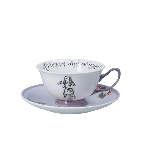MIKASA and The V&A - Juego de taza de té y platillo, taza de té y platillo de porcelana fina, 140 ml, té de Alicia en el país de las maravillas, apto para lavavajillas y en caja de regalo