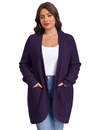 Image of LARACE Long Cardigans for Women Plus Size Tops Open Front Sweaters with Pockets Waffle Ribbed Sleeve Loose Fall Outwear