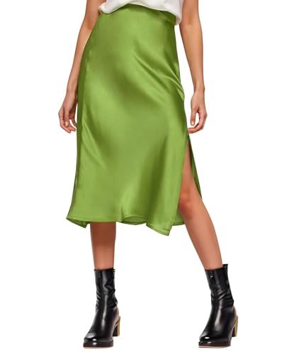 Image of Amy Babe Womens Satin Silk High Waist Slit Midi Skirt Long Skirts for Women | Elastic Waistband, Side Split, Midi Length, Below the Knee, Silky Fabric, Elegant, Fall Winter Outfits