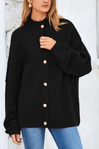 Image of PRETTYGARDEN Women's Winter Button Down Cardigan Sweaters Mock Neck Lantern Long Sleeve Chunky Knit Jacket Trendy Outerwear (Black,X-Large)