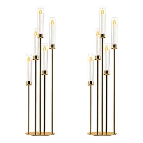 Candelabra Gold Centerpiece 5 Arms Taper Candle Holder Gold Centerpiece with Acrylic Tubes for Table Decoration Wedding Event Party Aisle Stage Home Decor (2, L) Cover