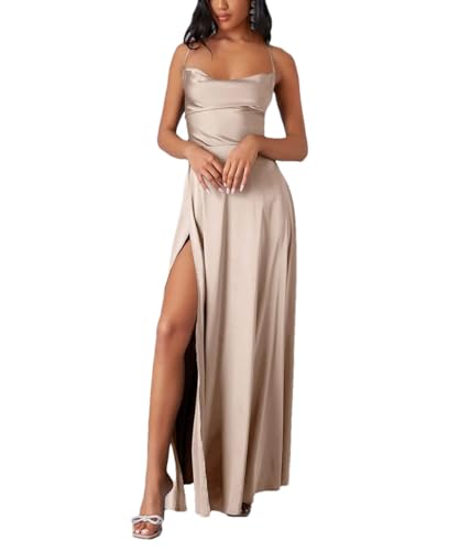 Langes Wickelkleid für Damen, mit schrägem Ausschnitt, ärmellos, Chiffon, rückenfrei, Träger, khaki, Medium