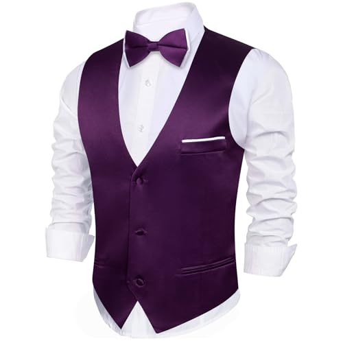 Image of Barry.Wang Mens Suit Vest Bow Tie Set 4PCS Formal V-neck Slim Fit Casual Solid Color Waistcoat Wedding Party Tuxedo