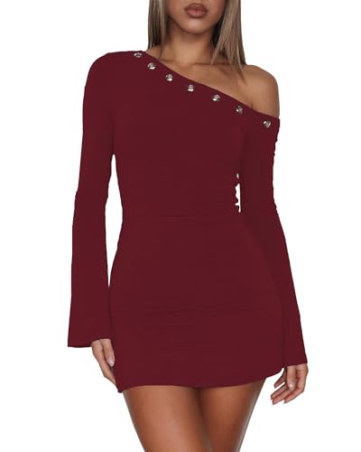 Women's One Shoulder Metal Ring Dresses Sexy Flared Long Sleeve Slim Fit Bodycon Going Out Club Party Y2K Mini Dress