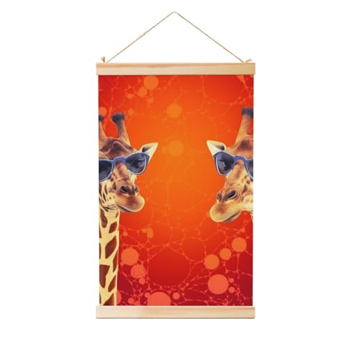 Impression sur toile girafe rétro avec cintre en bois déco salon 50x75 cm