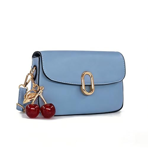 Blue Small Compact Classic Square Plain Crossbody Bags for Women with Adjustable Shoulder Strap and Flap Magnet Closure,Trendy Handbags with Cherry Charm Fit in Cellphone,Credit Cards for Daily Life