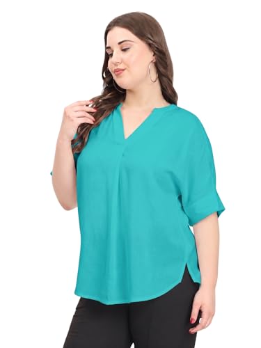 Image of SINDOORI Relaxed Fit Tops for Women Plus Size Solid Printed Mandarin Collar, Band Collar, V-Neck Top, Half Sleeve Loose Fit