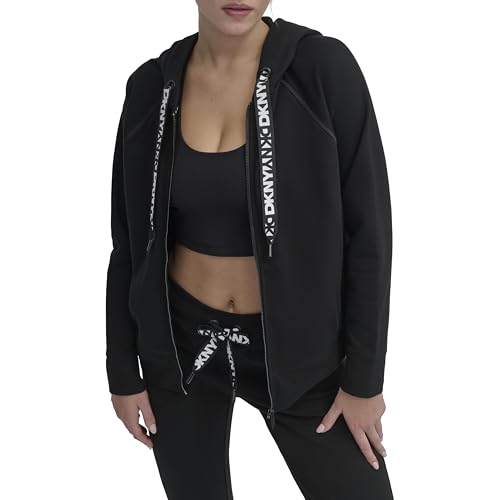 DKNY Logo Drawstring Full Zip Fleece Hoodie Anorak con Capucha, Negro, S para Mujer