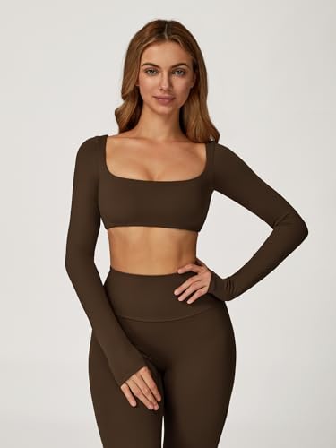 Image of ABOCIW Women Square Neck Long Sleeve Workout Crop Top Low Medium Impact Athletic Yoga Gym Shirts with Built in Bra(ONLY TOP)