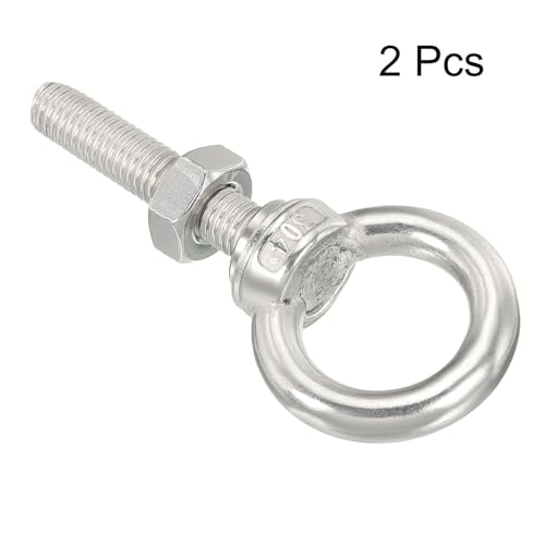 Image of uxcell M10x50 3 /8 inchx2 inch Stainless Steel Eye Bolts Threaded Screw Eyebolt Shoulder Ring with Nuts Washers for Lifting Hanging, 2 Set