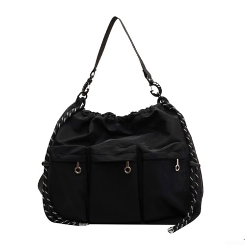 Bolso cruzado grande de nailon para mujer con diseño de cubo con cordón y tres bolsillos, correa de hombro ajustable para viajes, trabajo, compras, uso diario, color negro