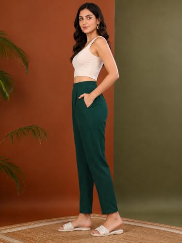Image of Yash Gallery Women's Regular Fit Mid Rise Solid Cotton Slub Ankle Length Regular Trouser Pant