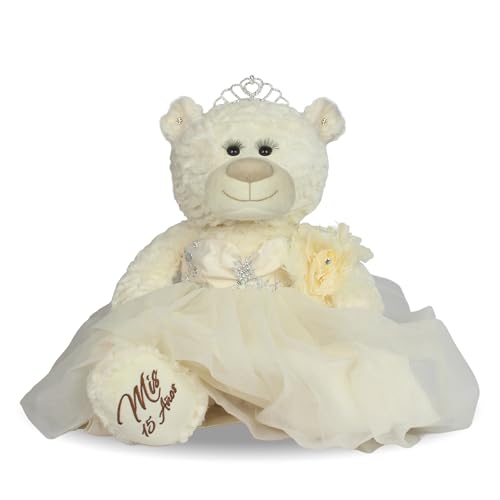 KINNEX COLLECTIONS SINCE 1997 Large 20” Quinceañera Teddy Bear Centerpiece – Elegant Dress, Oversized Keepsake Gift for 15 Años, OSO Quinceañera Decoración B16631-2 (Ivory)