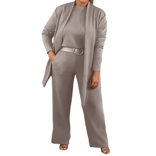 Generisch Trouser Suit Women's Festive Elegant 3-Piece Set Large Sizes Trouser Suits Evening Suit Sets with Cardigan Top Trousers Jogging Bottoms Plain Knitted Anuzg Fitness Suit, coffee, L