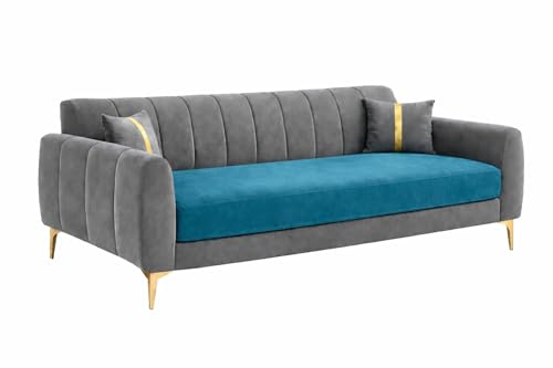 Image of Hermione Luxe Velvet-Suede Fabric Dual Tone 3 Seater Sofa | Golden Legs | Comfortable Seating | Modern Sofa for Living Room - Dark Gray & Aqua Blue