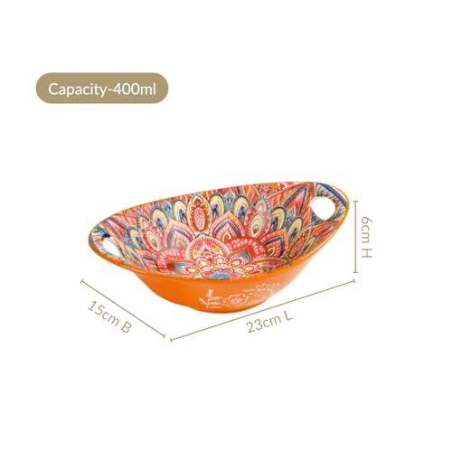 Image of Nestasia Mandala Ceramic Serving Bowl with Handles (400 ml) - Microwave & Dishwasher Safe Pasta Bowl | Floral Bowl with Glossy Finish - Ideal for Soup, Curries, Snacks, Salad & Noodles (Orange)