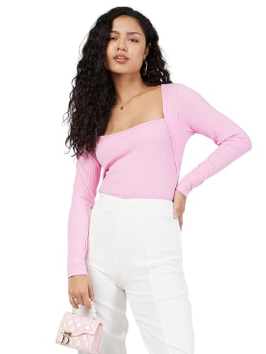 Image of SASSAFRAS Women's Slim Fit Full Sleeves Rib Square Neck Ribbed Basics - Casual Ribbed T-Shirt Tops