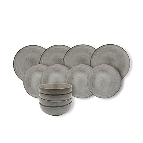 Cooks Professional 12 Piece Nordic Reactive Glaze Dinnerware Set | Includes 4 x Dinner Plates, 4 x Side Plates & 4 x Cereal Bowls | Microwave & Dishwasher Safe Ceramic Stoneware Dinner Set | Grey