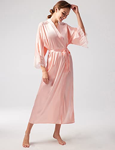 Prodesign Satin Kimono Lace Robe Long Silky Kimono Bathrobe With Lace Trim Sleepwear Wedding Bridesmaid Robe #TOP2