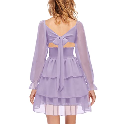Obbue Women's Summer Dress Tie Back Square Neck Aline Long Sleeve Layered Swing Mini Dresses Purple S #TOP1