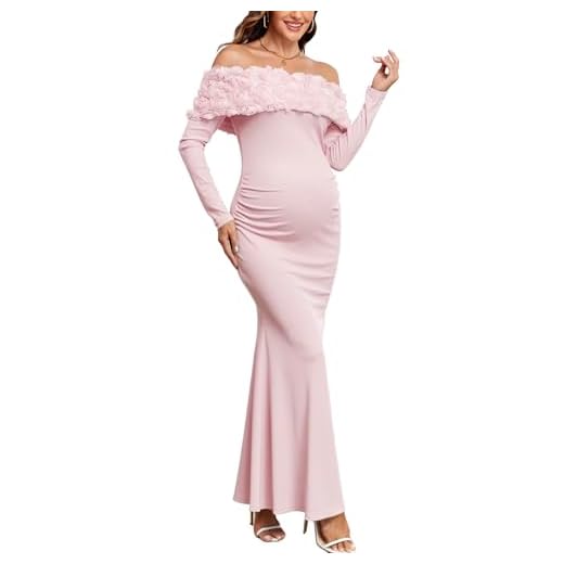 AISWI 3D Floral Off The Shoulder Maternity Dress Long Sleeve Ribbed Mermaid Maxi Bodycon Pregnancy Dresses Baby Shower, Light Pink, Medium