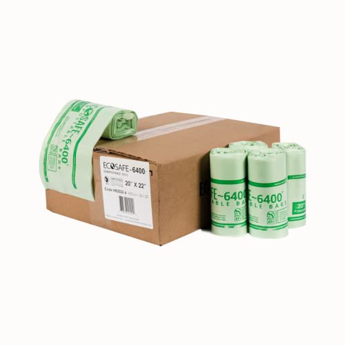 Image of EcoSafe-6400 HB2022-6 Certified Compostable Bag - 20x22 inch Green Bags for 7 Gallon Bin - Extra Strong Leak, Puncture and Tear Resistant Food Scraps Bin Liners, Pack of 600