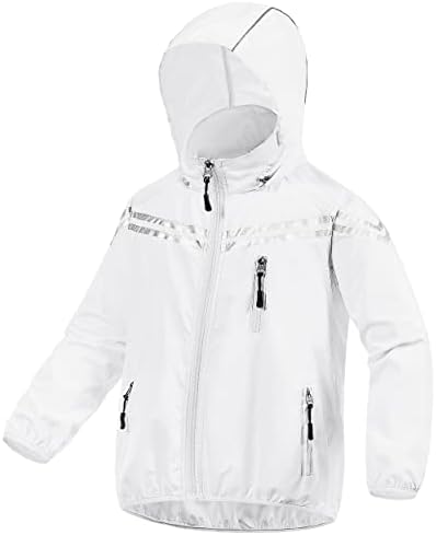 CREATMO US Big Boys Girls Outdoor Rain Jacket Hooded Waterproof Lightweight Packable Coat Windbreakers Raincoats For Kid White 4/5