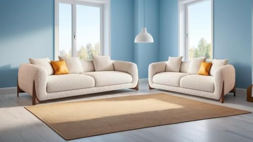 Image of Modern Off-White Boucle Upholstered Sofa Set with Stylish Wooden Legs Sofa for Living Room, Bedroom (3+2+1 Seater)