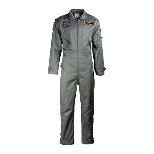 Mil-Tec US Fliegerkombi mit Abzeichen • Taktischer Overall inklusive 4 Patches • Robuster Fluganzug mit Metall-Reißverschluss • Verstellbare Passform • Gr. 46-60 • Schwarz, Oliv (Oliv, 50)