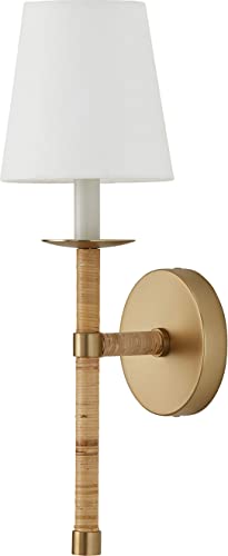 Image of Capital Lighting 647211MA-705 Tulum White Fabric Shade with Handcraft Rattan Torchiere Wall Sconce, 1-Light 60 Watt, 18 inch H x 6 inch W, Matte Brass