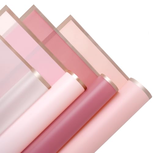 Kosotody 20 Sheets Pink Color Flower Wrapping Paper Gold Edge Waterproof Florist Bouquet Supplies Flower Paper for Bouquets DIY Crafts Packaging, 22.8x22.8 inch (Pink series)