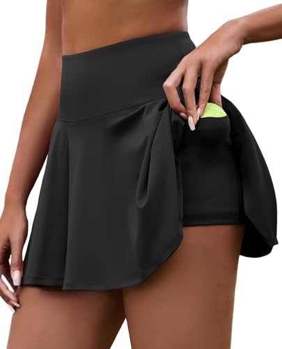 Black Pleated Tennis Skirt with Shorts Underneath for Women Flowy Athletic Dress for Golf Sports Skirts2