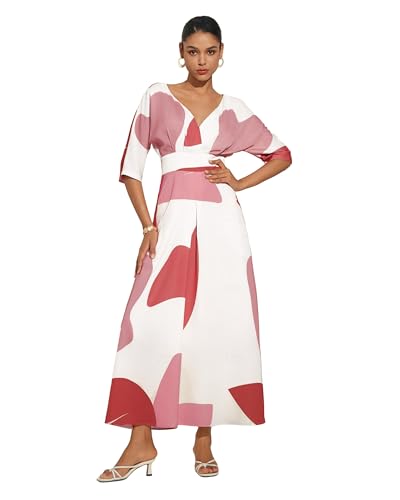 ADOR Women's Satin Wedding Guest Dress V Neck Maxi Elegant Cocktail Party Floral Long Flowy Dresses with Pockets