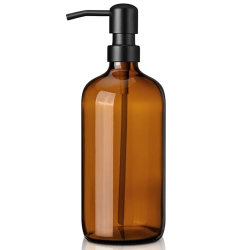 zuxzmj Amber Glass Soap Dispenser with 304 Stainless Steel Pump 17 oz for Kitchen Dish Soap and Bathroom Hand Soap Bottle
