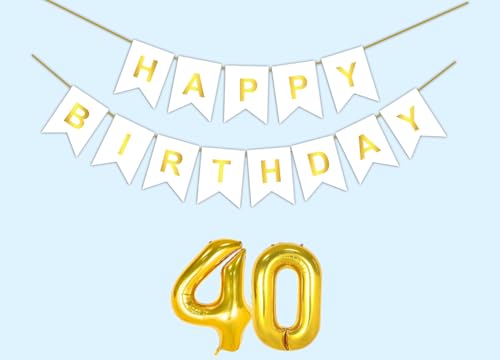Image of Mystic Toy Store 40th Happy Birthday Decoration Kit White for 40 year Old Boys Girls Men Women with Number Forty Party Decorations Decor Celebration Items Item Set Combo Reusable Paper Banner